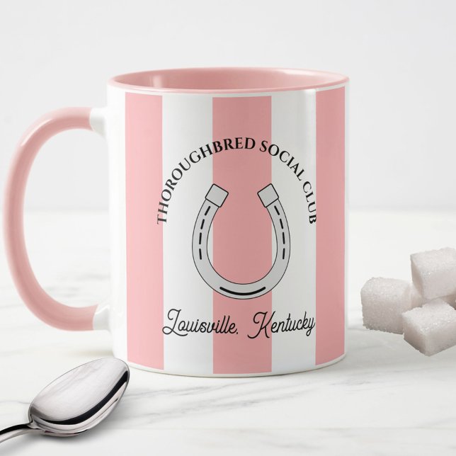 Caneca Galeria Rosa Rosa do Clube Social de Cristo (Thoroughbred Horse Racing Social Club Custom Mug in Pink Cabana Stripes)