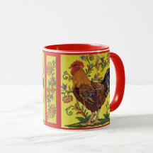 Galinha Vermelha Arte Foliar Mug Amarelo Floral