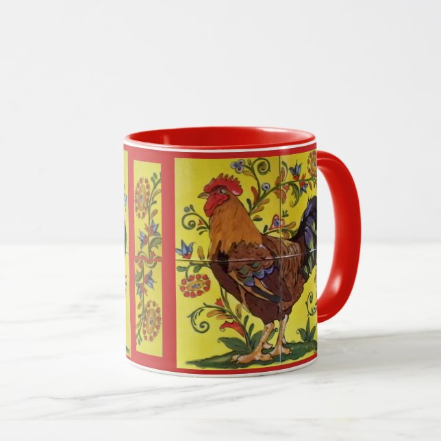Caneca Galinha Vermelha Arte Foliar Mug Amarelo Floral (Frente Esquerda)