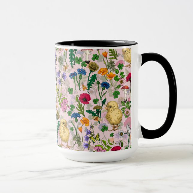 Caneca Galinhas e flores silvestres, de algodão, cor-de-r (Direita)