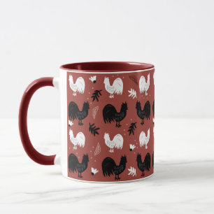 Caneca Galos Desenhados à Mão Padrão Floral Fazenda