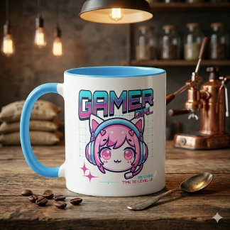 Caneca Gamer Girl Cat Coffee Mug