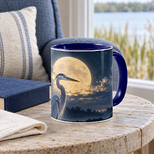 Caneca Garça Azul ao Luar Pântano Vagalumes Cena Noturna