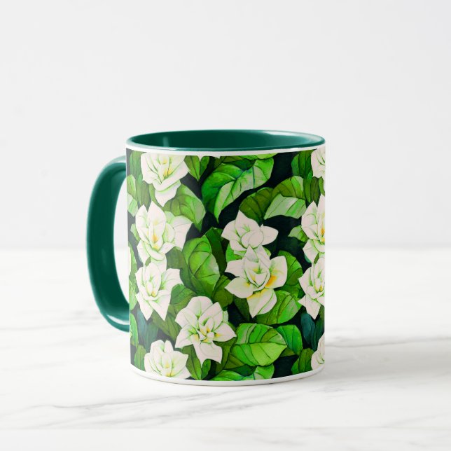 Caneca Gardenias brancas e folhas verdes de jade (Frente Esquerda)