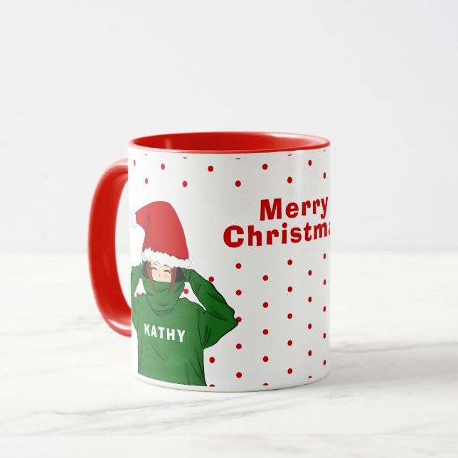 Caneca Garota bonita com capuz verde e Natal (Frente Esquerda)