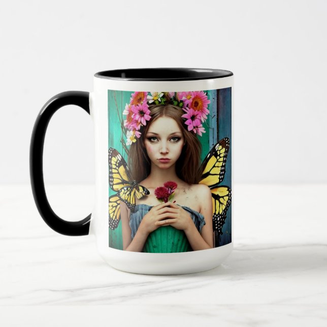 Caneca Garota bonito com borboletas e flores (Esquerda)