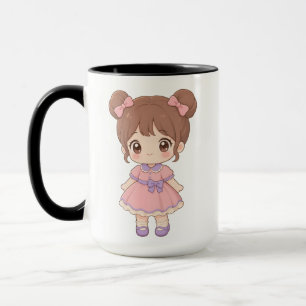 Caneca Garota Chibi Kawaii com Tranças e Vestido Rosa Can