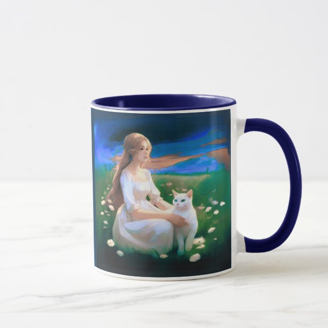 Caneca Garota com um gato em um campo (Direita)