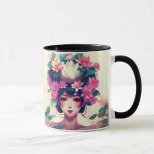 Caneca Garota de Anime Coroada com Flores de Lótus