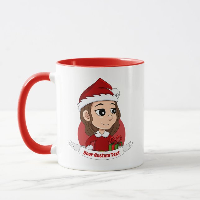 Caneca Garota de Natal com cabelo ondulado castanho (Esquerda)