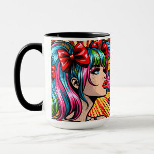 Caneca Garota de Quadrinhos de Arte Pop Bonita com Laços