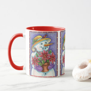 Caneca Garota Natalina Fofa Boneco de Neve com Poinsettia