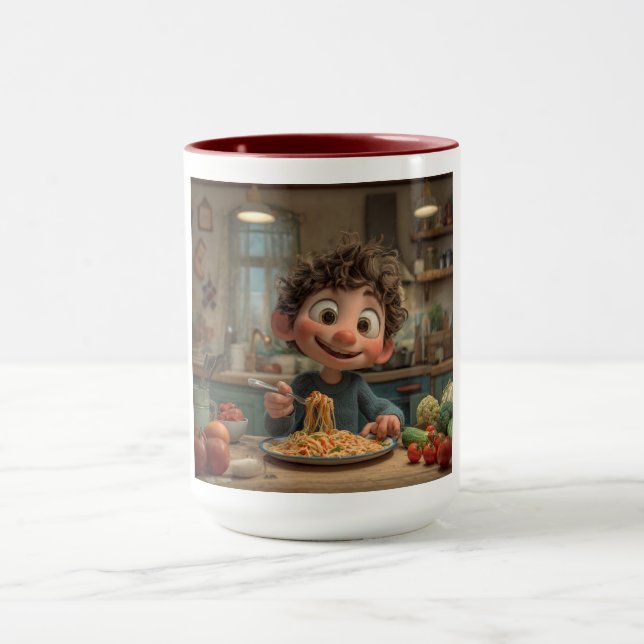 Caneca Garoto Animado Fofo Comendo Espaguete Massa Café (Centro)