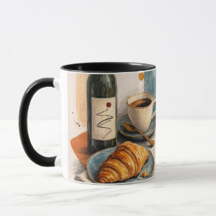 Caneca Garrafa de Vinho, Café e Croissant Impressão Artís