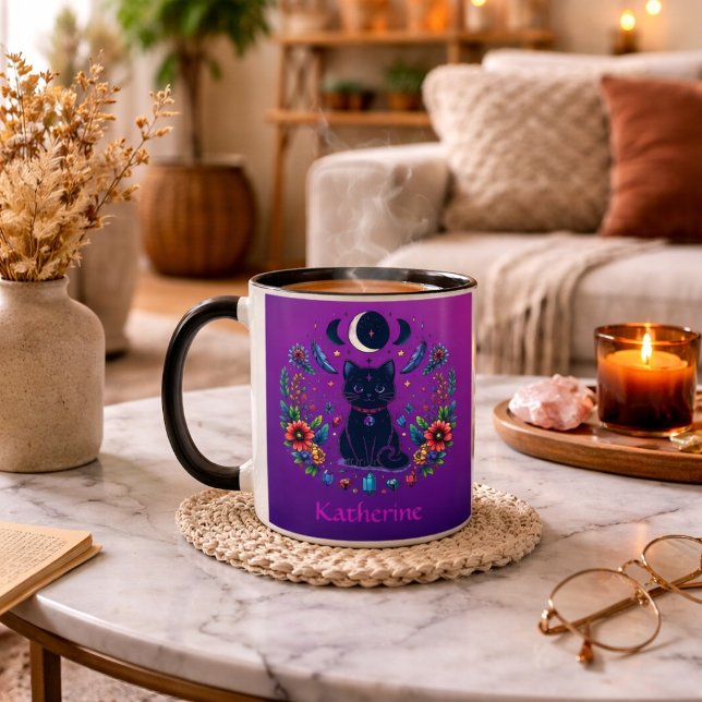 Caneca Gata Preta Celestial Mística Roxo Rosa (Criador carregado)