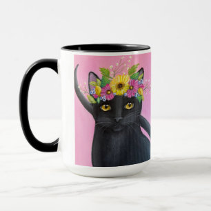 Caneca Gata Preta com Coroa de Flores