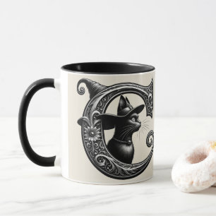 Caneca Gata Preta Feitiçaria Letra C Inicial Personalizad