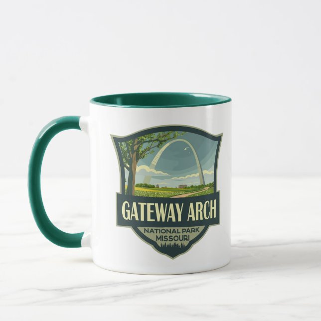 Caneca Gateway Arch National Park Ilustração de Arte Retr (Esquerda)