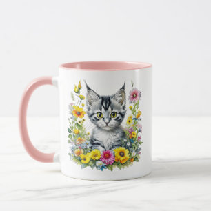 Caneca Gatinho Aquarela em Flores Amarelas Personalizado