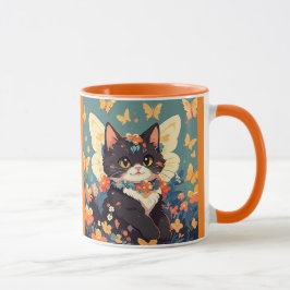 Caneca Gatinho Bonito Com Flores E Borboletas