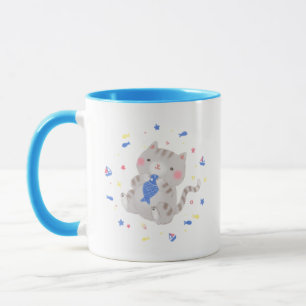 Caneca Gatinho bonito com peixe na ilustração de verão