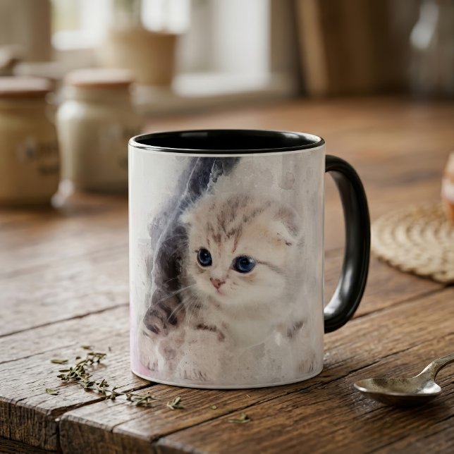 Caneca Gatinho brincando com uma bola de fio rosa aquarel (Kitten playing with a pink yarn ball watercolor. mug)