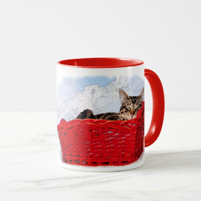 Caneca Gatinho Dormindo Bonito Na Foto Brilhante De Cesta (Frente Esquerda)