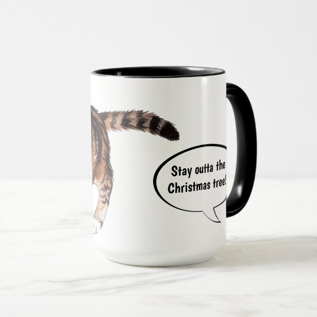 Caneca Gatinho Engraçado Fique Fora da Árvore de Natal (Frente Esquerda)