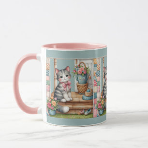 Caneca Gatinho no Alpendre Cena Floral Patchwork