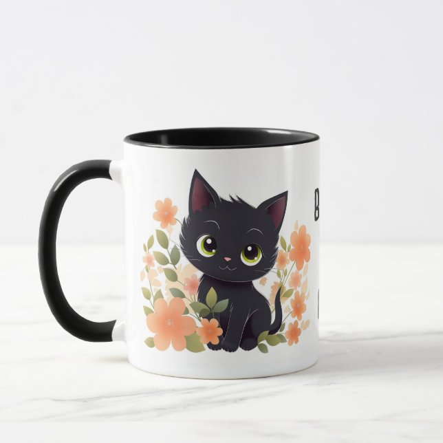 Caneca Gatinho Preto Cute Personalizado com Flores (Esquerda)