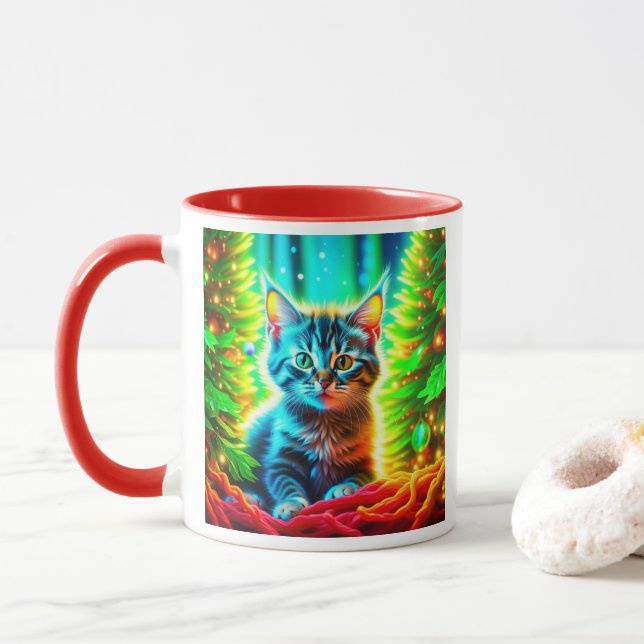Caneca Gatinhos de Cinzas bonitas com árvores de Natal (Com Donut)
