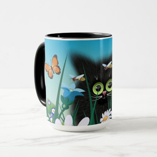 Caneca Gatinhos negros e margaridas bonitos (Frente Esquerda)