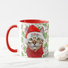 Caneca Gato Abissino num Chapéu Santa com Holly no Natal