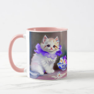 Caneca Gato branco com pintura de colarinho de flores rox