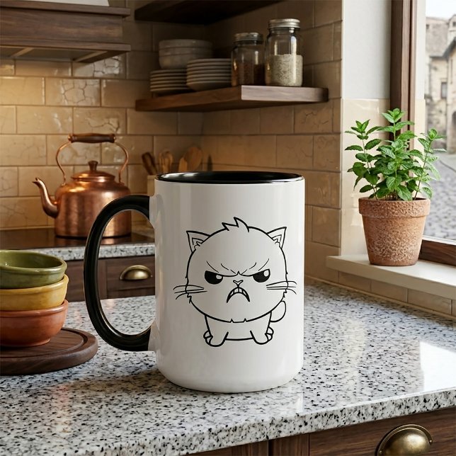 Caneca Gato bravo bonito cantando. (Cute Angry hissing Cat Line Art Illustration. Mug)