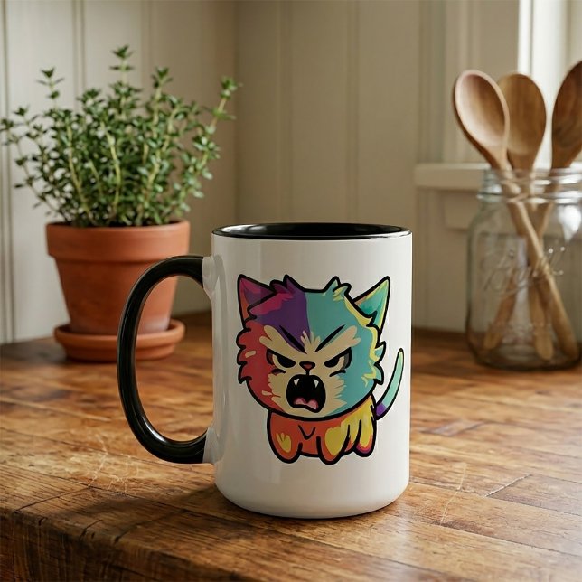 Caneca Gato bravo bonito cantando. (Cute Kawaii Angry Cat - Pop Art Hissing Kitty. Mug)