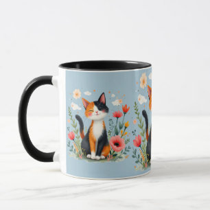 Caneca Gato Calico Sorridente no Jardim Florido Azul