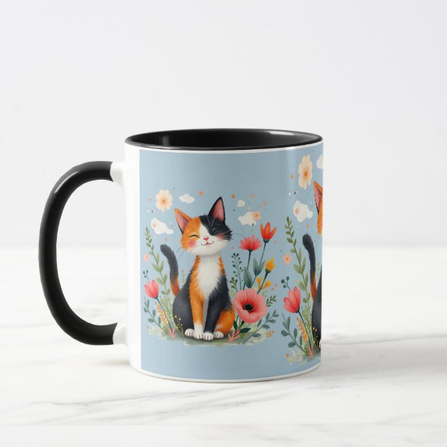 Caneca Gato Calico Sorridente no Jardim Florido Azul (Esquerda)