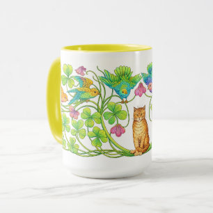 Caneca Gato da Era Vitoriana Retro, Trevo e Pássaros