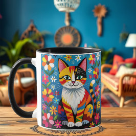 Caneca Gato de Arte Popular, Flores e Borboleta Personali