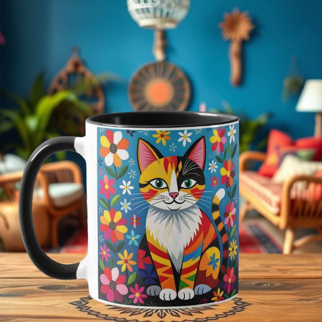 Caneca Gato de Arte Popular, Flores e Borboleta Personali (Criador carregado)