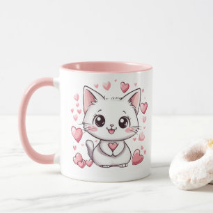 Caneca Gato de Chibi Bonito com Corações Rosa Adorável Ka
