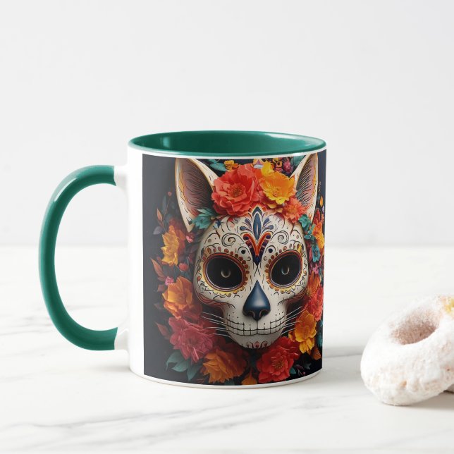 Caneca Gato de Crânio de Açúcar com Mug de Flor (Com Donut)