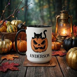 Caneca Gato de Halloween Vintage espreita Nome Personaliz