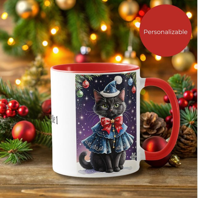 Caneca Gato de Natal Negro em Blue Cape Mug (Criador carregado)