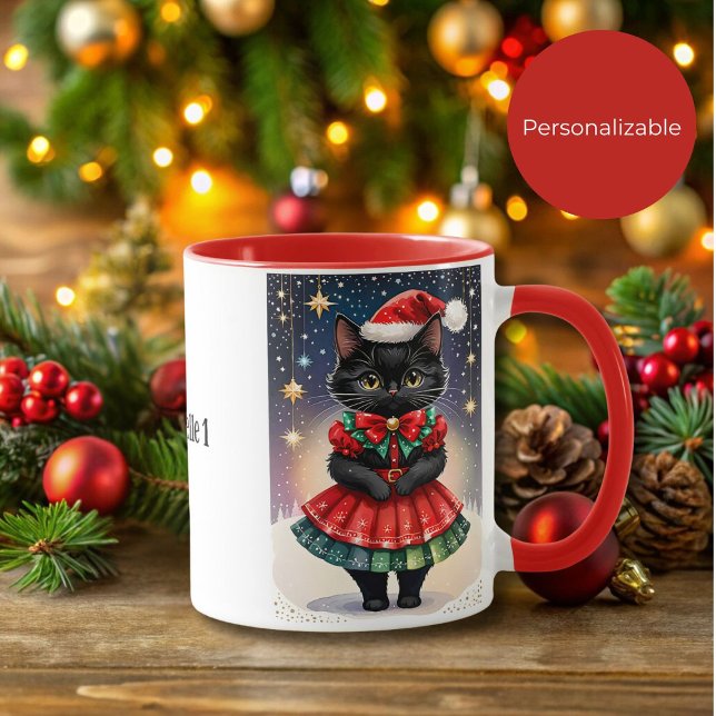 Caneca Gato de Natal Negro na saia vermelha e verde (Criador carregado)