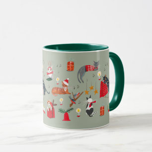 Caneca Gato de retrato bonito, verde, padrão de Natal Mug