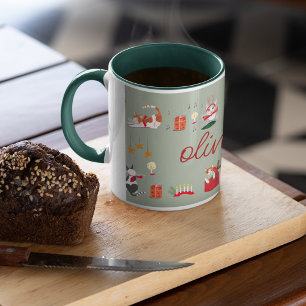 Caneca Gato de retrato bonito, verde, padrão de Natal Mug