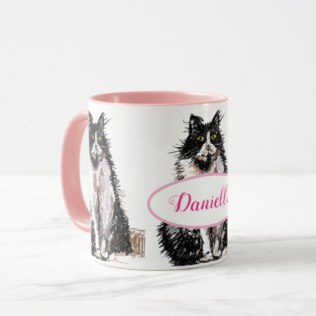 Caneca Gato de Tuxedo Gato Negro Desenho Branco Gatos Mug (Frente Esquerda)