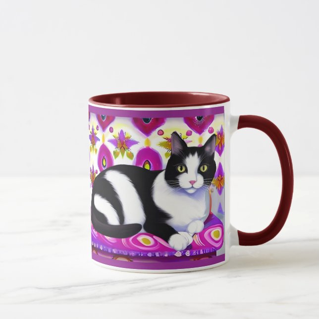 Caneca Gato de Tuxedo preto e branco em uma almofada (Direita)